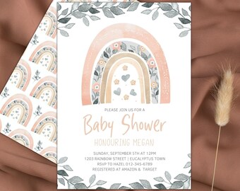 May include: A baby shower invitation with a watercolor rainbow design. The invitation features a pink and beige rainbow with floral accents and gray leaves. The text reads "Please join us for a Baby Shower Honoring Megan" with details about the event.
