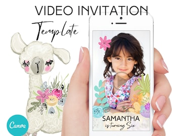 Lama Einladung, bearbeitbare digitale Video Einladung zur Geburtstagsfeier, Canva Vorlage, Mädchen Geburtstag einladen