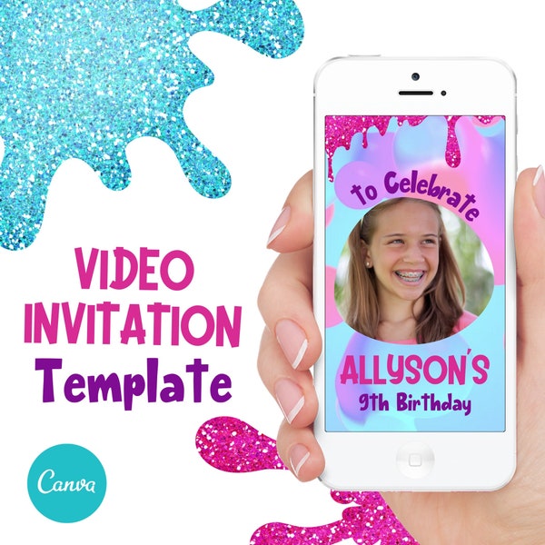 Slime Invitation, Slime Party invite, Editable Digital Video invitation, Canva Template.