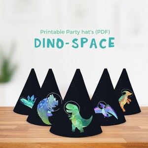 Sombreros de fiesta imprimibles Dinosaurios en el espacio Fiesta de cumpleaños Decoración de cumpleaños Dino Espacio Decoración de cumpleaños DIY IMPRIMIBLE Digital 001