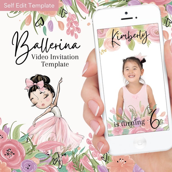 Ballerina Invitation, Brunette Ballerina, Digital Video Invitation Ballet Birthday invitation, Canva Invitation Template