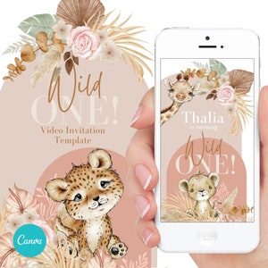 Boho Wild One first Birthday invite, Wild Baby Animals, Editable Digital Video invitation, Canva template, Girl First Birthday invitation