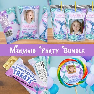 Mermaid Party Bundle, chips bag, Rice Krispies, Lollipop Lable, Juice Bag, Under The Sea, Editable Canva Template 002