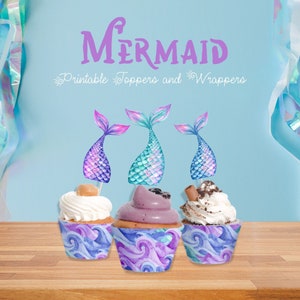 Mermaid Cupcake Toppers and Wrappers, Girls Pool, Under The Sea Birthday Party, Mermaid Tail Party Decor 002