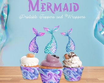 Mermaid Cupcake Toppers and Wrappers, Girls Pool, Under The Sea Birthday Party, Mermaid Tail Party Decor 002