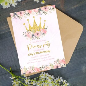 Princess Party Invitation,  Pink and Gold Princess invite, Editable 5x7in Printable invitation, Canva Template.