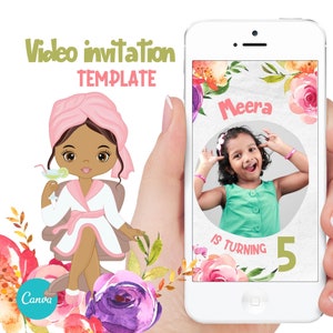 Spa-Tag-Einladung, indisches Spa-Mädchen, bearbeitbare digitale Videoeinladung, Canva-Vorlage.