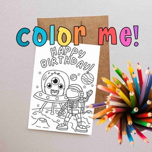 Carte de joyeux anniversaire à colorier imprimable - Astronaute rencontrant un extraterrestre