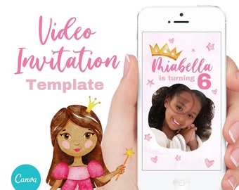 Princess Invitation,  Brunette Princess invite, Editable Digital Video invitation, Canva Template.