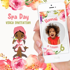 May include: A digital invitation for a spa day party. The invitation features a cartoon illustration of a girl wearing a pink robe and a towel on her head. The invitation also features a photo of a young girl with curly hair, and the text "Hannah is turning 6".