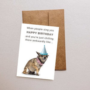 ¡Tarjeta de cumpleaños para perros imprimible! que captura perfectamente esa torpeza del "feliz cumpleaños" con estilo.