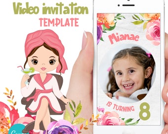 Spa Day Invitation, Brunette Spa Girl, Editable Digital Video invitation, Canva Template.