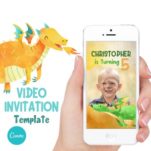 Drachen-Party-Einladung, bearbeitbare digitale Video-Einladung, Canva-Einladungsvorlage. Fantasy Geburtstagsparty
