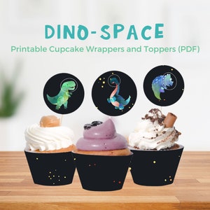 Dinosaurs in Space Birthday Cupcake Toppers and Wrappers, Birthday Party, Dinosaurs in Space Birthday Party Decor 001