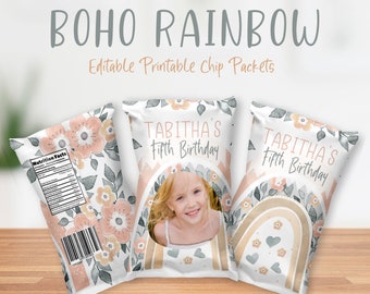 May include: Editable printable chip bag template featuring a boho rainbow design with a floral pattern, a photo placeholder, and the text "Tabitha's Fifth Birthday".