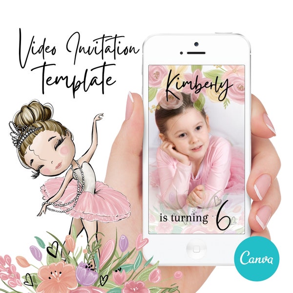 Cute Brunette Pink Ballerina Birthday Party, invitation vidéo numérique modifiable, modèle d'invitation d'auto-édition Canva, invitation d'anniversaire de fille