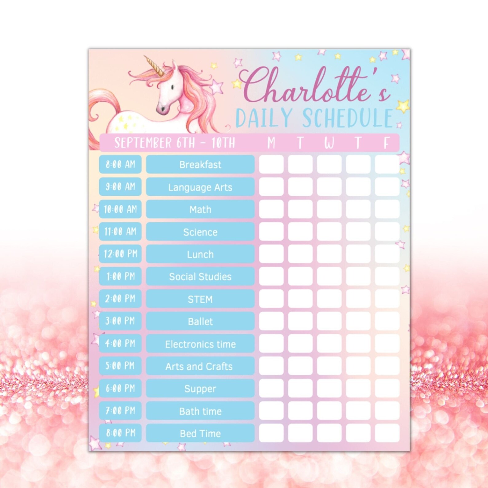 Printable Unicorn Daily Schedule, Home School Schedule, Chore Chart