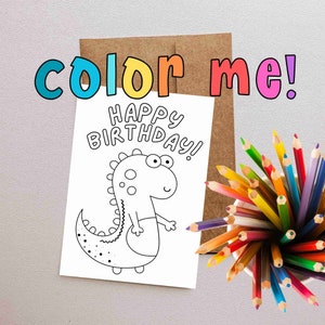 Printable Coloring Happy Birthday Card - Cute Little Dinosaur