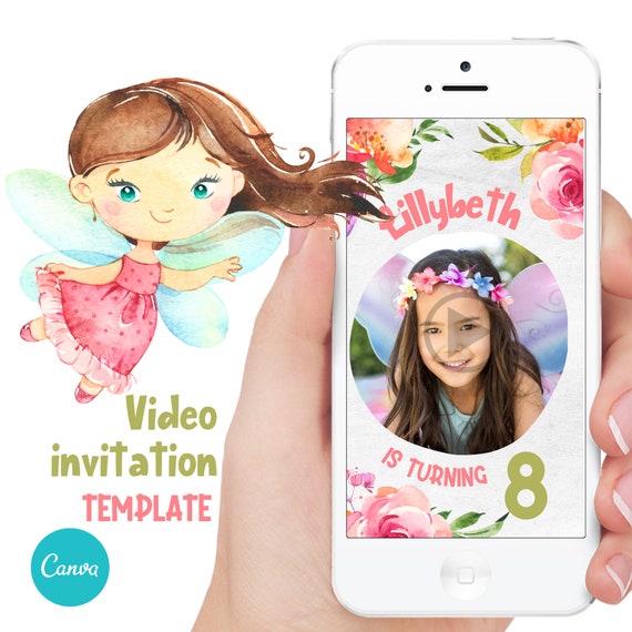 Fairy Invitation,  Brunette Fairy invite, Editable Digital Video invitation, Canva Template.