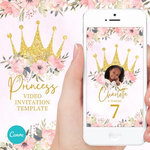 Princess Party Invitation,  Pink and Gold Princess invite, Editable Digital Video invitation, Canva Template.