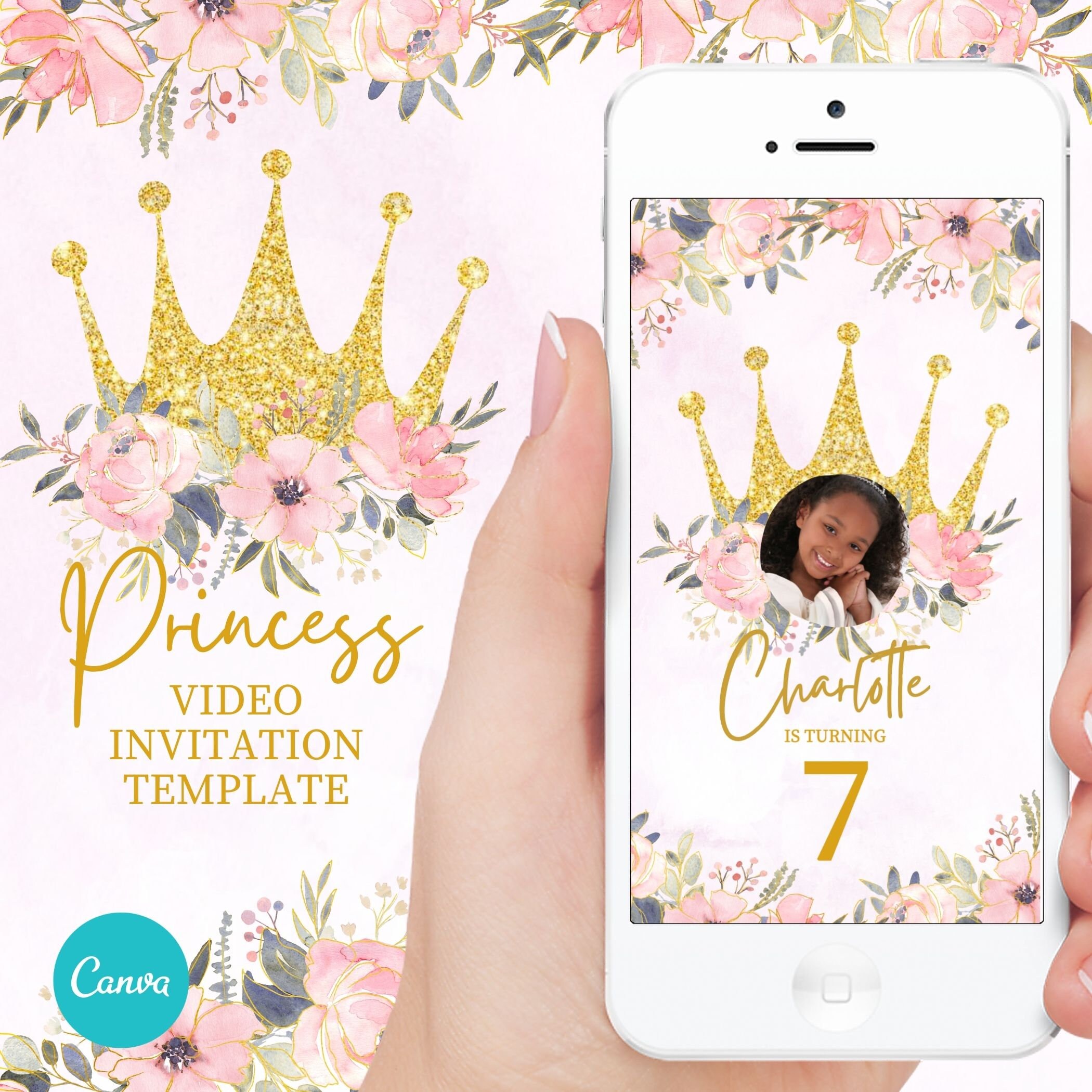 Invitación de fiesta de princesa, invitación de princesa rosa y dorada, invitación de video digital editable, plantilla de Canva.