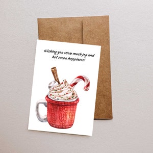 Acogedora tarjeta de Navidad imprimible, ¡deseándole a la nieve mucha alegría y felicidad con chocolate caliente!