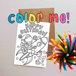 Ausdruckbare Geburtstagskarte zum Ausmalen - Astronaut auf Rakete - Eine kreative und personalisierte Ausmalkarte - Geburtstagsgruß für Kinder!