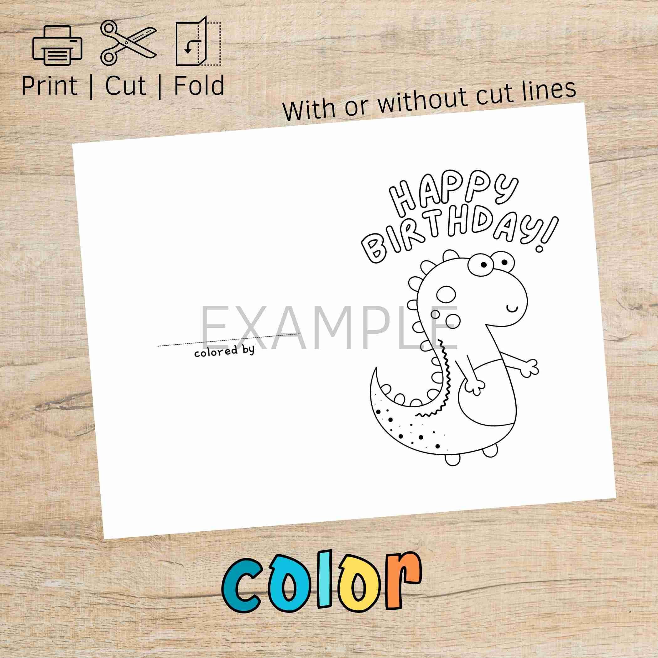 Printable Coloring Happy Birthday Card Cute Little Dinosaur - Etsy