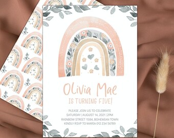 May include: A pink and beige rainbow with floral details and hearts. The text "Olivia Mae is turning five!" is printed below the rainbow. The invitation includes details for a birthday party, including the date, time, and location.