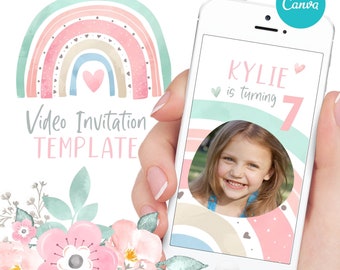 Pink Pastels Boho Rainbow Invitation, Editable Digital Video invitation, Canva invite template. Bohemian Girl Birthday Party
