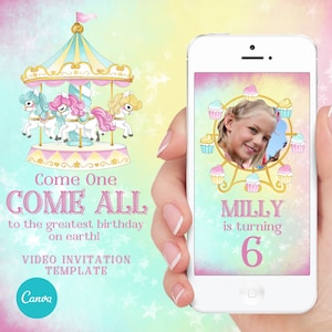 Carnival Party Invitation, Circus Party Invitation, Pink Circus invitation, Editable Digital Video invitation, Canva Template.