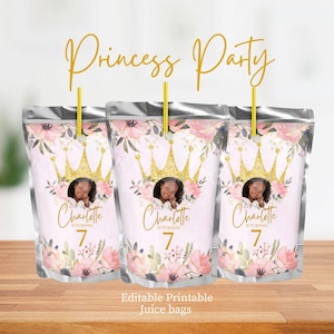 Princess Party Juice Bag, snacks treat bags, Royal Party Capri-Sun, Capri Sun, Princess favours, Editable Canva Template