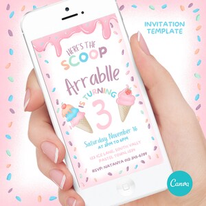 Ice Cream Birthday party Invitation - Ice Cream Truck, Pastel Ice Cream, Editable Digital Invitation, Canva Template. 011