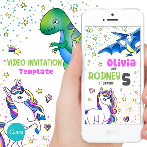 Unicorns and Dinosaurs Invitation, Unicorn and Dinosaurs Birthday Party, Twin birthday invitation, Editable Video invitation, Canva Template
