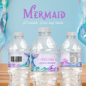 Mermaid Water Bottle Label, Custom Water bottle, Under The Sea, Editable Canva Template 002