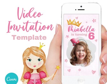 Princess Invitation,  Blond Princess invite, Editable Digital Video invitation, Canva Template.
