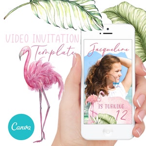Tropical Pink Flamingo Birthday Party Invitation, Editable Digital Video Invitation, Canva self edit invite template, Girl Birthday Invite