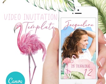 Tropical Pink Flamingo Birthday Party Invitation, Editable Digital Video Invitation, Canva self edit invite template, Girl Birthday Invite