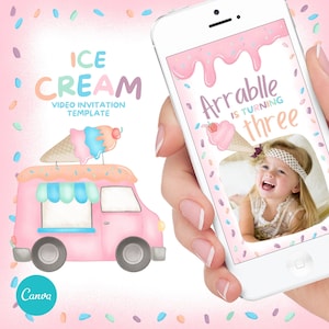 Ice Cream Birthday party Invitation - Ice Cream Truck, Pastel Ice Cream, Editable Digital Video invitation, Canva Template. 011