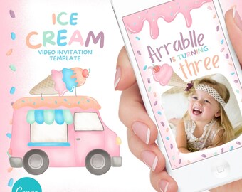 Ice Cream Birthday party Invitation - Ice Cream Truck, Pastel Ice Cream, Editable Digital Video invitation, Canva Template. 011