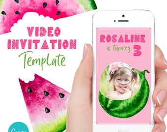 Watermelon Invitation, Watermelon Party, Editable Digital Video invitation, Canva Template.