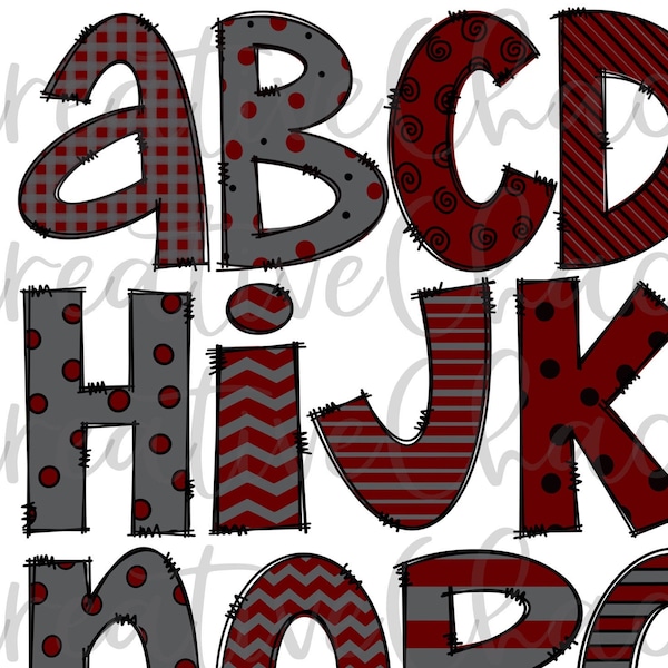 Maroon Grey Doodle Letters PNG  Alphabet Bundle png Hand Drawn Digital Download Alpha Pack Sublimation Alphabet Pack DTF Printable