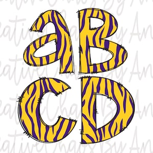 Tiger Doodle Letters PNG Bundle, Purple Gold Alphabet Sublimation Hand Drawn Digital Download, Alpha Pack DTF Printable Clip Art