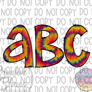 Paquete de letras con diseño PNG de doodle tie-dye arcoíris, alfabeto dibujado a mano por sublimación, paquete alfa, descarga digital, DTF, clip art imprimible