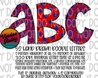 Red and Blue Doodle Letters Bundle, Hand Drawn Sublimation Alphabet PNG (Digital Download)