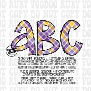 Purple and Gold Plaid Doodle Letters PNG Bundle, Sublimation Hand Drawn Digital Download, Football Alphabet Alpha Pack Printable Clip Art