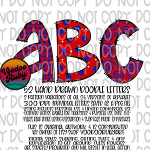 Letras vermelhas azuis do Doodle PNG Pacote de alfabeto Alfabeto de sublimação desenhado à mão Alfabeto Alpha Pack Download digital Alfabeto azul vermelho do Doodle DTF