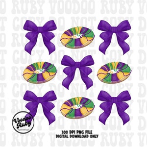 May include: A digital download of nine images featuring purple bows and Mardi Gras king cakes. The king cakes are decorated with green, purple, and gold icing.