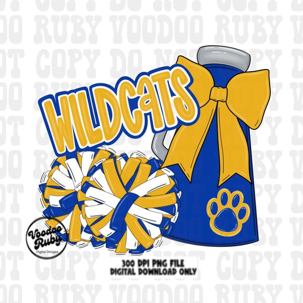 Wildcats Cheer PNG: Maskotka w kolorach niebieskim, żółtym i złotym (pobranie cyfrowe)