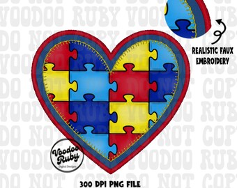 Autism Awareness Heart PNG: Faux Embroidery Puzzle Piece Design (Digital Download)